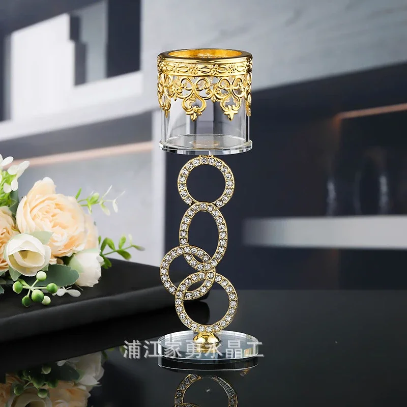 New Simple Cylindrical Glass Crystal Candle Holder, Metal Butter Lamp Holder, Diamond-encrusted Ring Wrought Iron Candle Holder