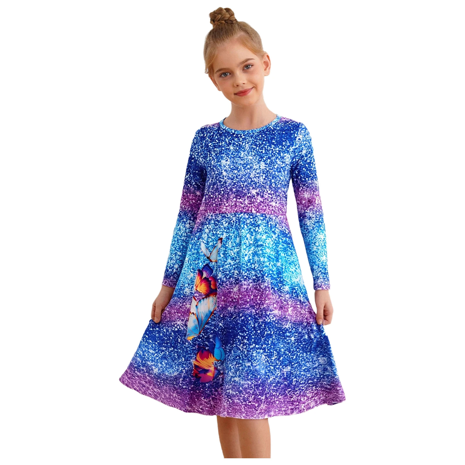 Kids Girls Bohemia Dress Butterfly Printed Gradient Color Long Dress Round Neck Long Sleeve Dress for Birthday Party Beachwear