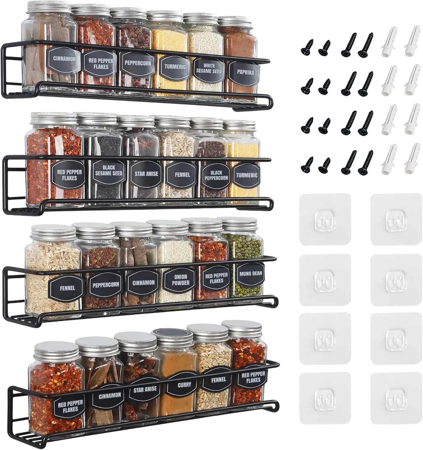 

Spice Rack Wall Mounted 4 Tier – Space-Saving Kitchen Spice Organizer for Seasonings – Screw or Adhesive Hanging – Wa