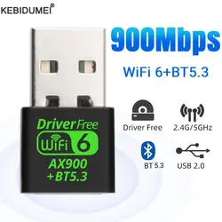 Dongle USB WiFi com Banda Dupla, Rede Sem Fio, Receptor Wlan, Driver Grátis, Adaptador Bluetooth 5.3, 2in 1, 2.4G, 5GHz, 6, 900Mbps