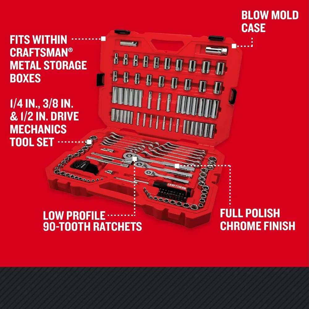 Socket Set 159 Piece Socket Wrench Set Mechanics Tools 1/4 3/8 1/2 in 6 12 Point 90 Tooth