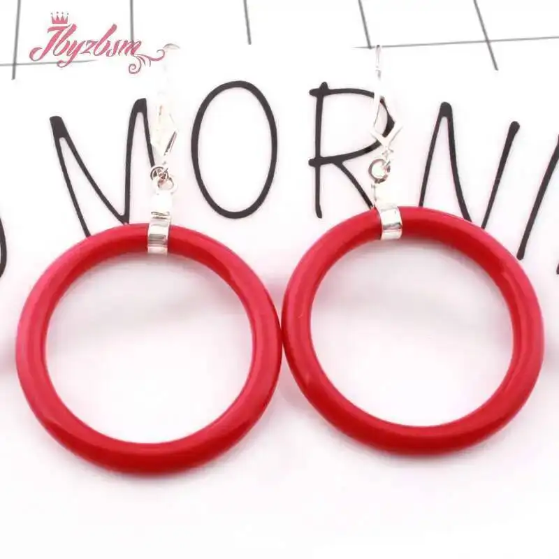 

32mm Round Ring Agate Cat Eye Coral Stone beads Tibetan Silver Fashion Jewelry For Woman Xmas Gift Hook Dangle Earrings 1 Pair