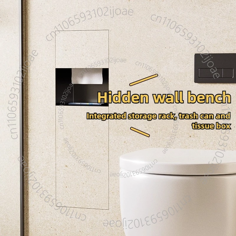 Hidden Stainless Steel Wall-Mounted Toilet Bin with Built-in Tissue Holder and Storage Shelf
