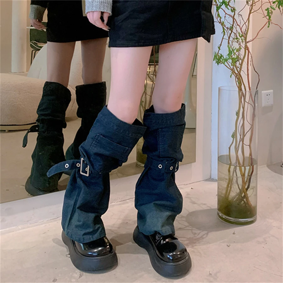 Dark Black Vintage 2-Belt Bandage Denim Leg Warmers for WomenAsymmetric Boots Cover Knee High Punk Boots Cover for Streetwear