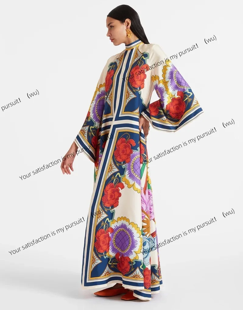 

New summer print dress with seven-quarter sleeves and stand-up collar reversible