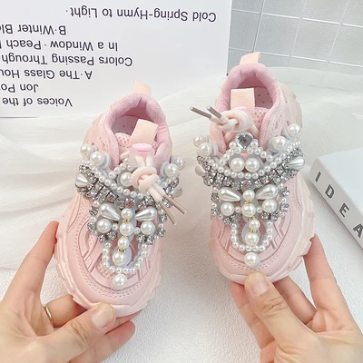 Princess Pink Pearls Spring/Autumn Children Shoes Crystal Toddler Girls Sneakers Mesh Breathable Fashion Casual Kids Shoes 26-38