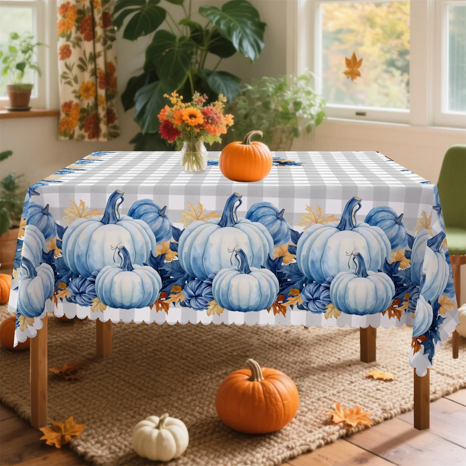 Buffalo check blue pumpkin leaf tablecloth - Washable farmhouse autumn harvest decoration for Thanksgiving party