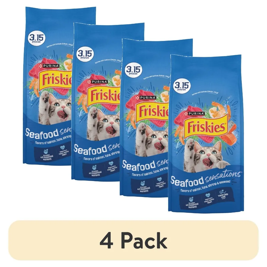 

4 pack Purina Dry Cat Food Seafood Sensations with Salmon Tuna Shrimp Flavors for Indoor Cats, 3.15 lb Bag, Ocean Blue Packagin