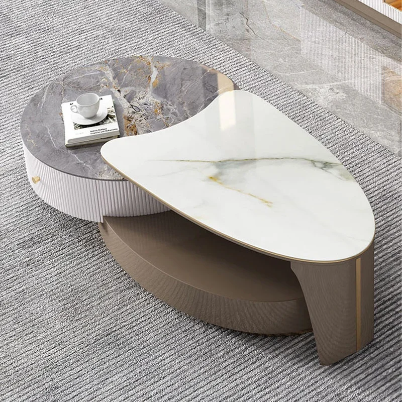 Oval Tea Table Combination Modern Luxury, Rock Plate Table Top ,Retractable Storage Baked Paint Coffee Table