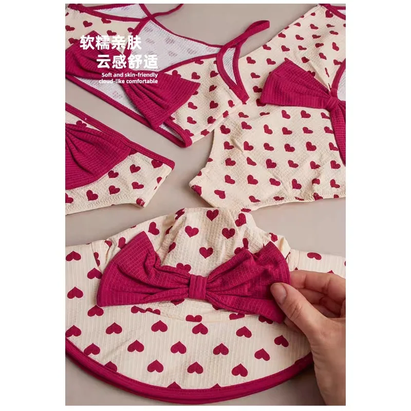 Girls Sun Hat Simple Color Contrast Heart Print Fashionable Fisherman Hat Cute Set Kids Beach Swimwear Bikinis Baby Swimsuits view 4