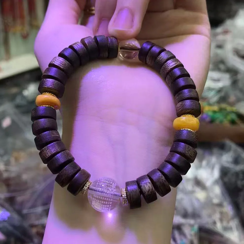 Green Qi Nan Agarwood Wood Pill Bead Bracelet Wenwan Natural White Crystal Heart Sutra Old Beeswax Bracelet Gifts