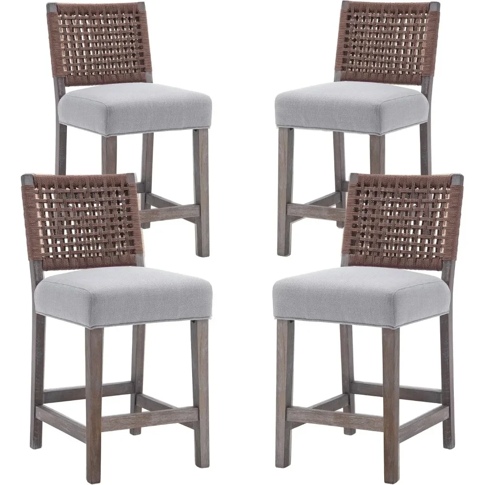 Woven Rope Back Bar Stools Armless Counter Height Stools Wooden Farmhouse Barstools