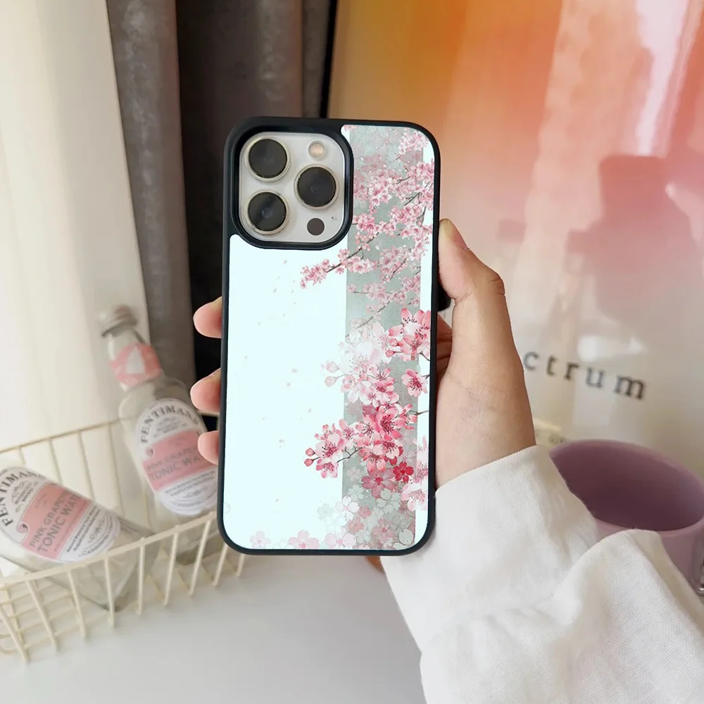 Art Flower Sakura Plum Rose Peony Phone Case For IPhone 11 12 13 14 15 16 Plus Pro Max Mirror Acrylic PC TPU Cover