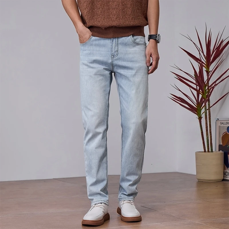 

2026 Summer Brand Men's Slim Straight Lightweight Jeans Korean Style Scratched Cotton Stretch Full Length Fitted Denim Trousers