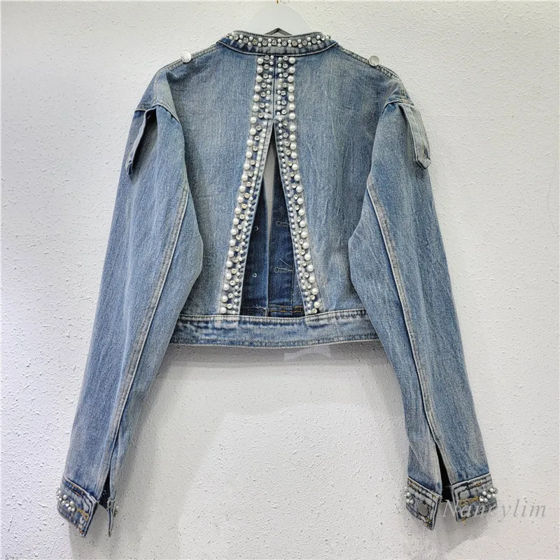 European Style Pearl Studded Diamond Tassel Denim Jacket for Women 2024 New Autumn Design with Hollowed Out Back Denim Top Coat