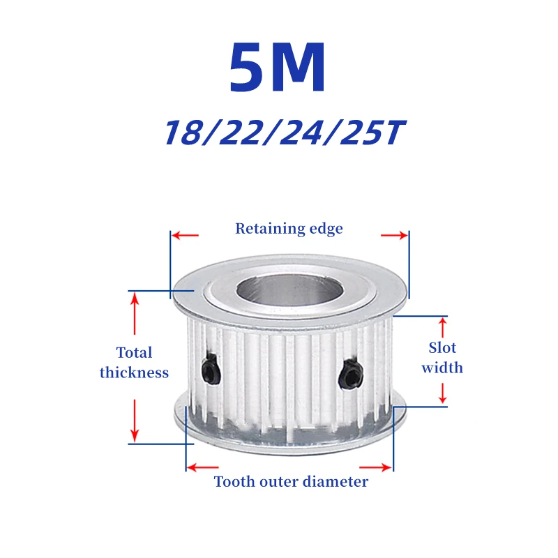 5M Two Plane Aluminum Alloy Timing Pulley 18/22/24/25 Teeth Slot Width 16/21/27mm Timing Pulley Bore 5-25mm