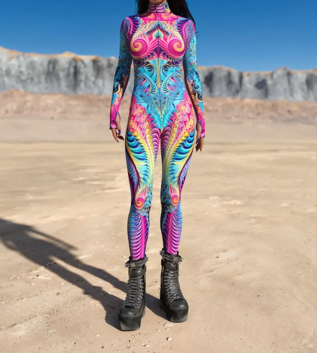 Bunt bedruckter Damen-Jumpsuit für Urlaub und Party, Punk-Zentai, Rave-Outfit, Yoga-Catsuit, Fahrrad- und Halloween-Anzug – Detail 9