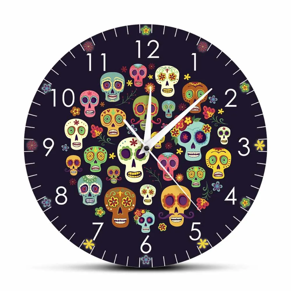 Variety Colorful Sugar Skull Heads Die de Muertos Wall Clock Hippie Skeletons Home Decor Day Of The Dead Flower Rose Skull Clock