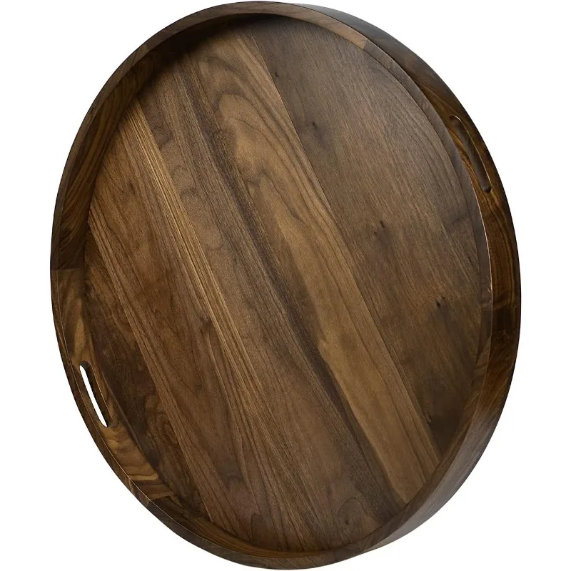 26 x 26 inches Extra Large Round Ottoman Table Tray Wooden Solid Serving Tray with Handle Black Walnut Circle