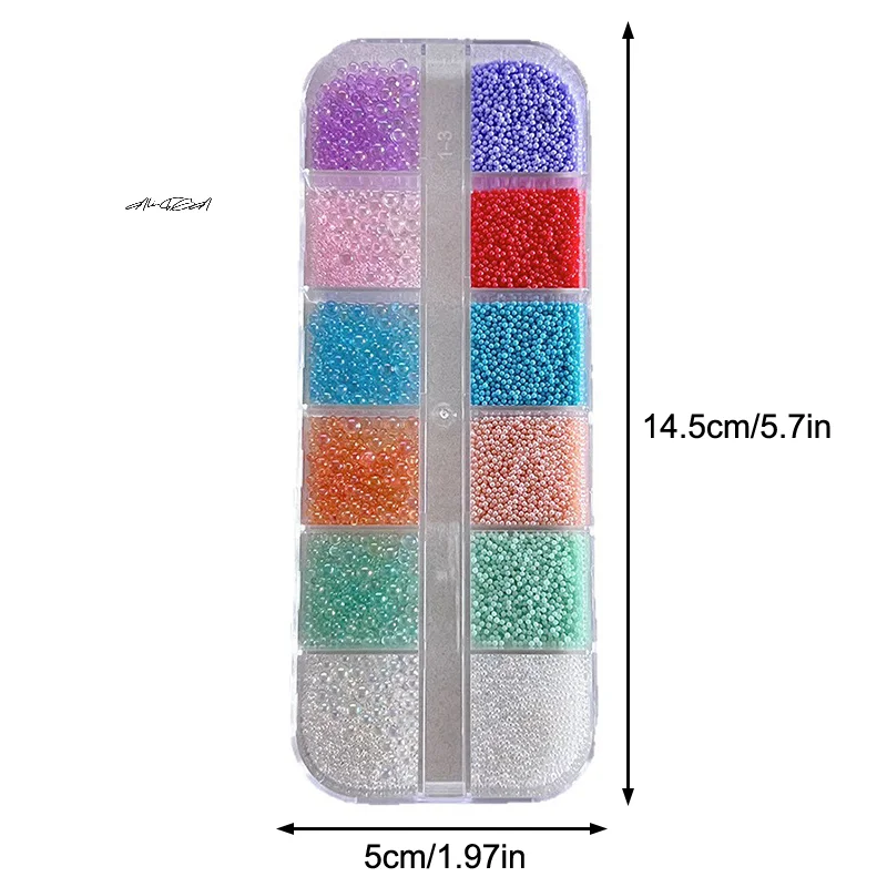 12 przegródek/pudełko Ozdoby do paznokci 3D Kolorowe perły Okrągłe koraliki Biżuteria Manicure Rzemiosło Cyrkonie Akcesoria do dekoracji