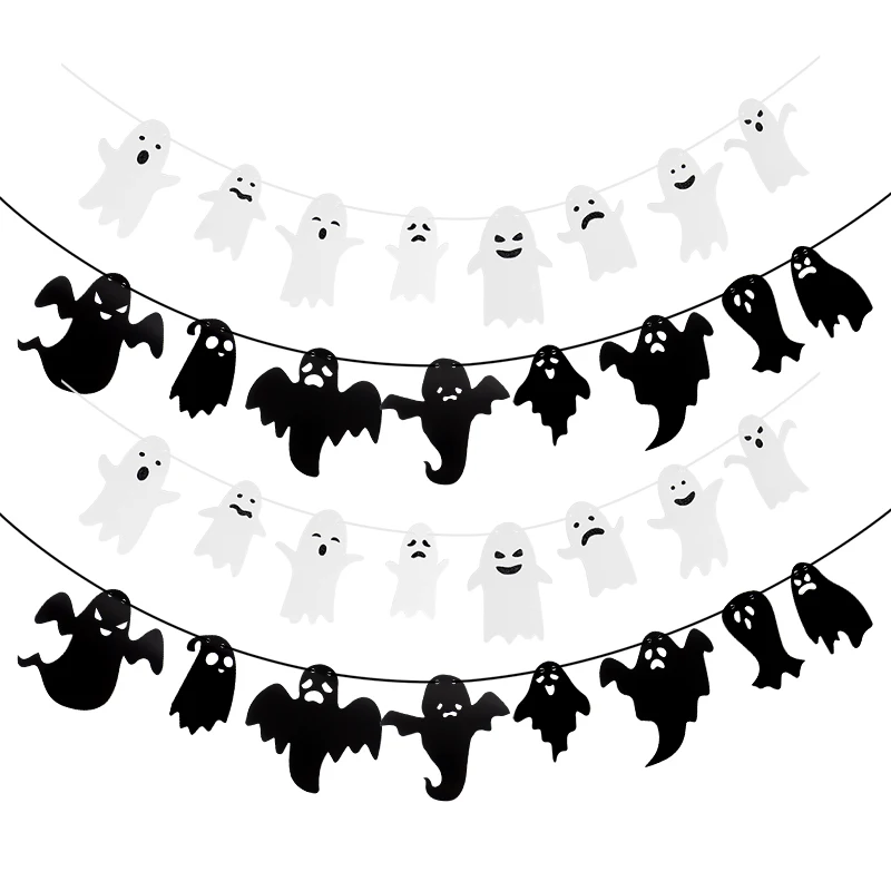 Schwarz-weißes Geister-Halloween-Banner zum Aufhängen, einfarbig, niedliche Geister-Girlande, Ornament, Urlaubsdekoration, fröhliche Halloween-Foto-Requisiten