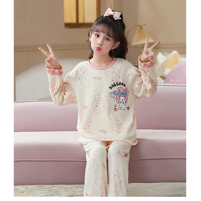 Pijamas de Hello Kitty para niña, conjunto de pijama bonito de dibujos animados para mujer, conjunto de dos piezas holgado y cómodo de algodón puro, pantalones superiores, ropa para el hogar