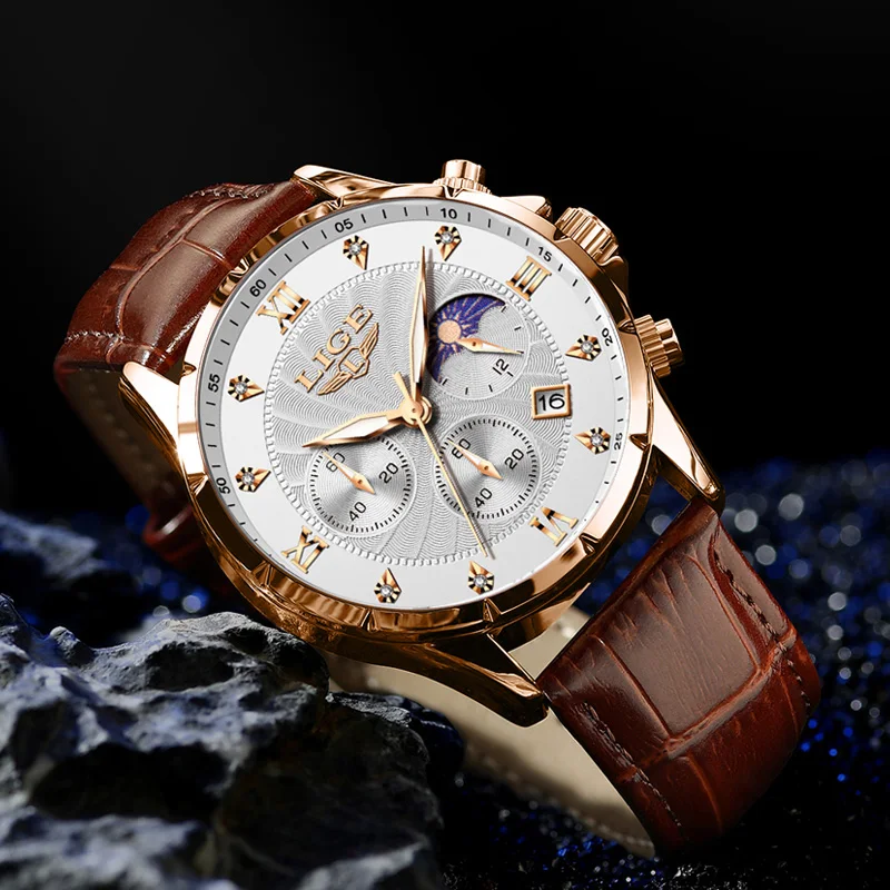 LIGE-Montre-bracelet chronographe à quartz étanche pour homme, horloge en cuir, montres d\'affaires décontractées, date Shoous, luxe