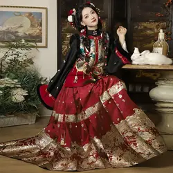 Hanfu vestido de Año Nuevo de dragón bordado exquisito para mujer, falda de caballo chino, rojo, Chino, Tradicional