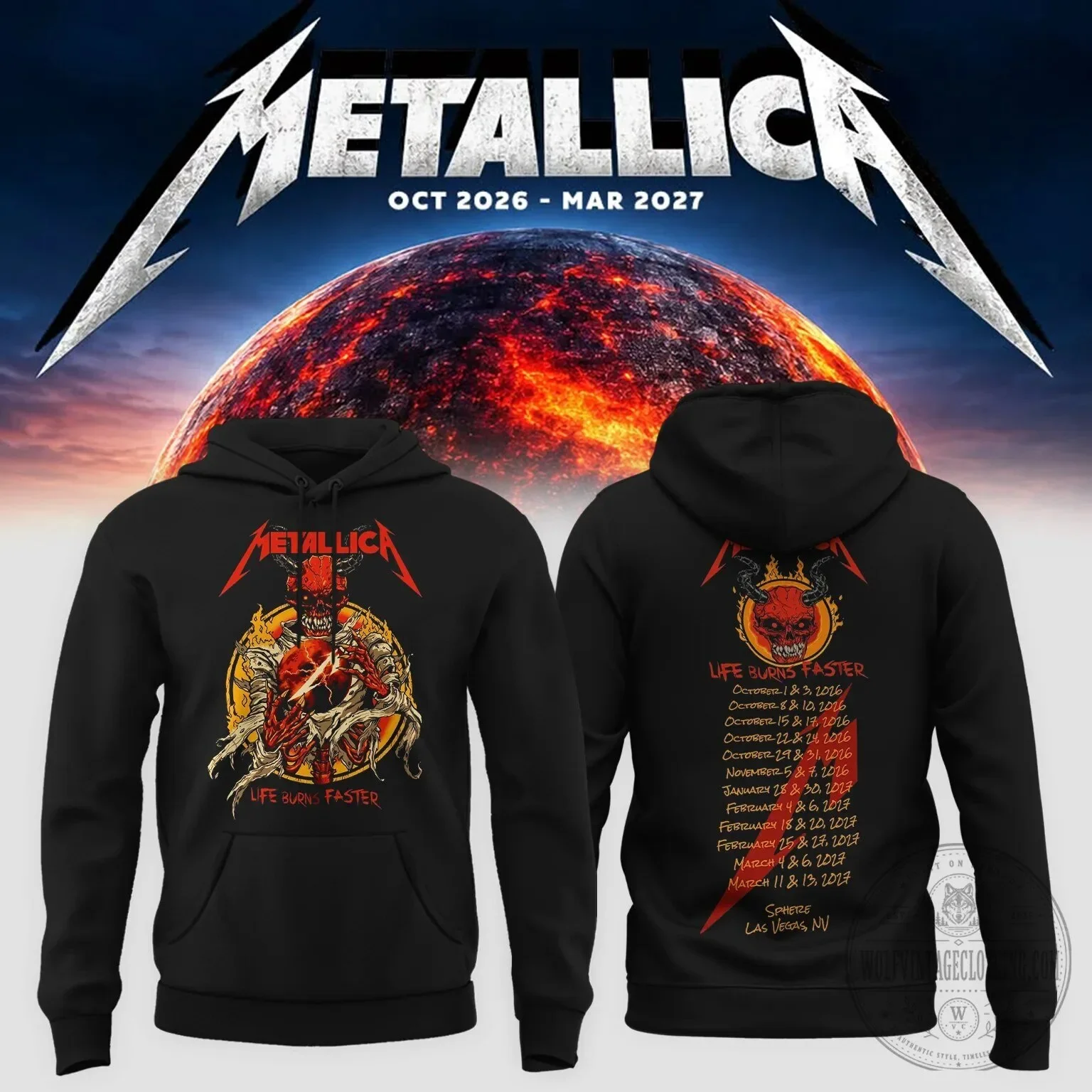 2026 Metallica Las Vegas 2026 Tour Hoodie Rock Band Demon Graphic Print Front Logo Back Artwork Pullover Hooded Sweatshirt