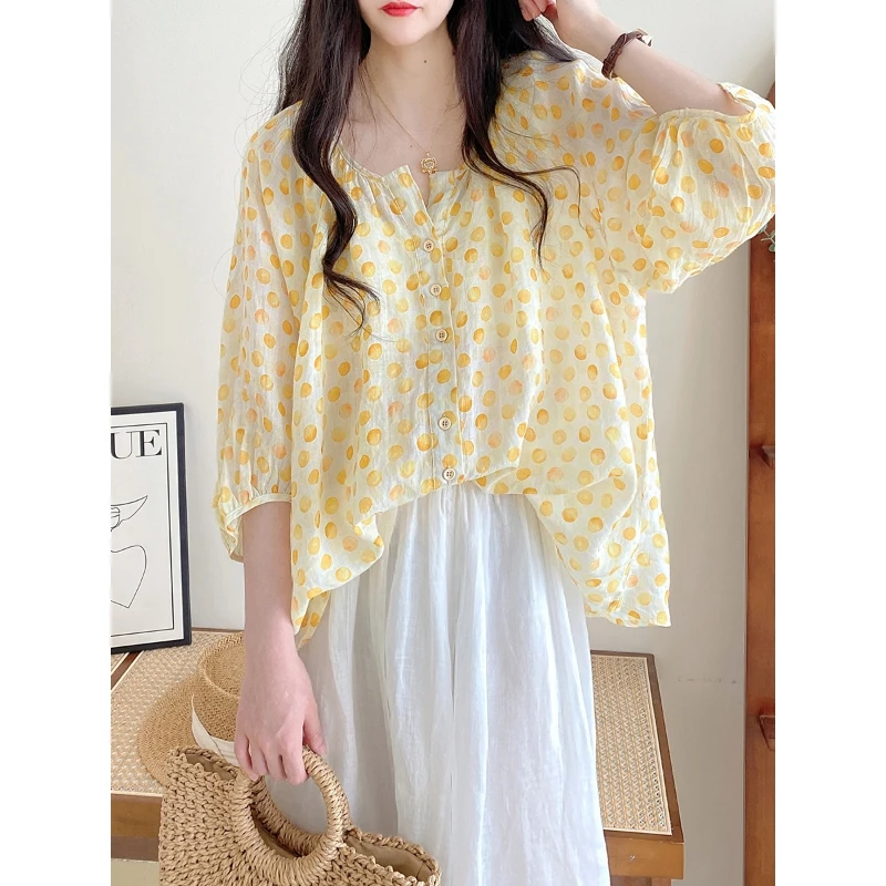 Spring Autumn Fashion Pure Cotton V-neck Printing Blouses Women\'s Clothing Floral Bishop Sleeve Button Sweet Versatile Blouses