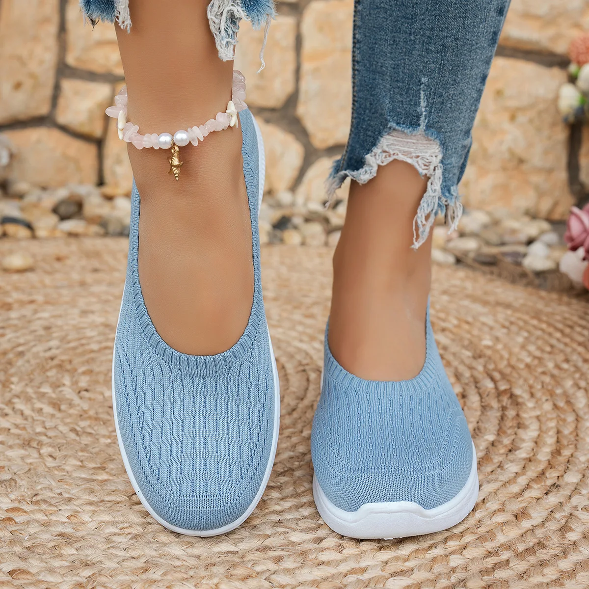 Hohlstrick-Slip-On-Keilsneaker für Damen, atmungsaktiv, rutschfest, weiche Kissensohle, für den täglichen Gebrauch, lässige Mutter-Schuhe – Detail 3