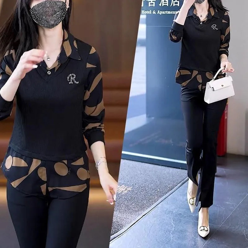 2024 Autumn New Women's Fake Two Pieces Blouse Square Collar Button Spliced Printed Elegant Slim All-match Long Sleeve Shirt Top