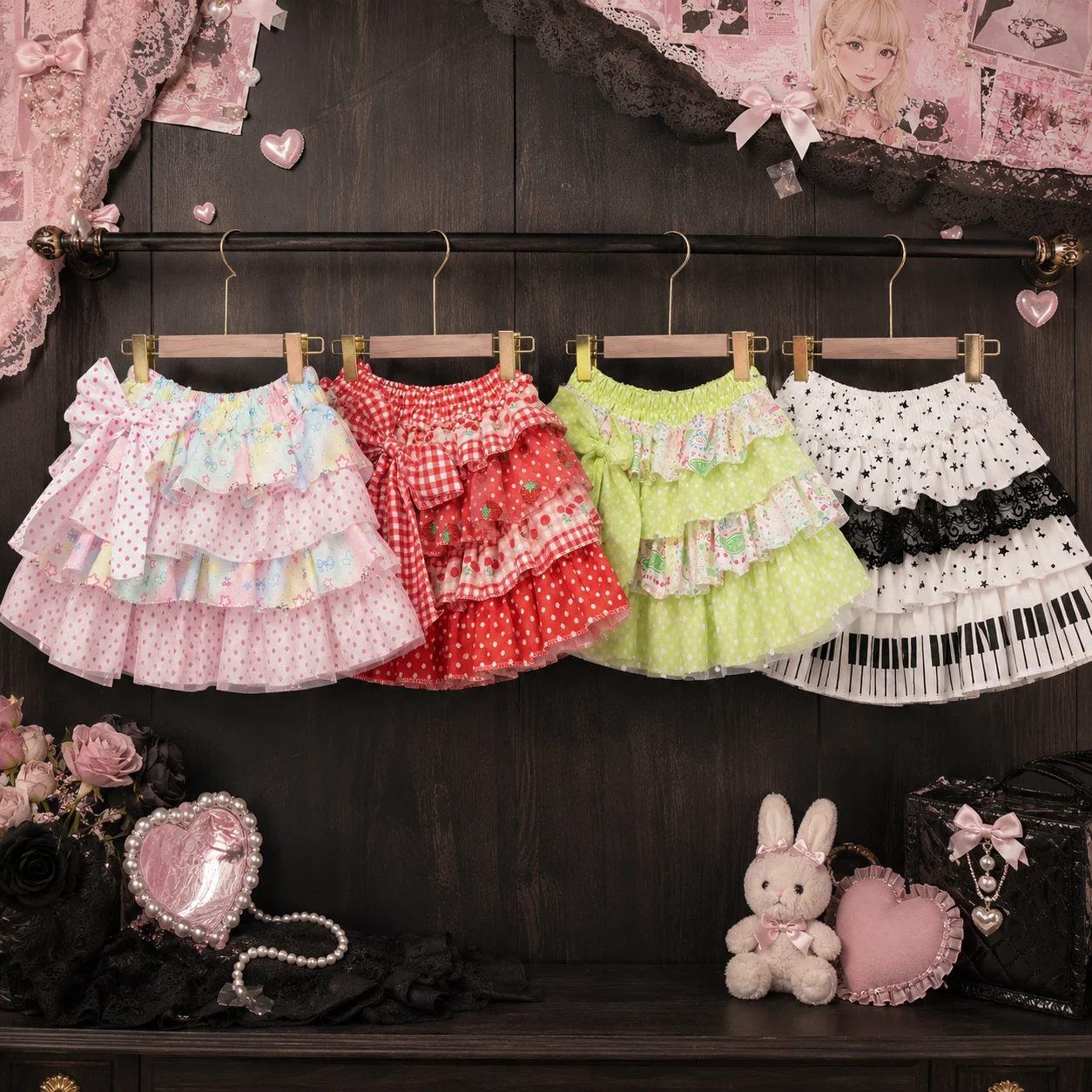 Lolita Sweet Printed Puffy Layered Half Skirt Women Japanese Kawaii Bow Polka Dot Y2K Mini Short Cake Skirt