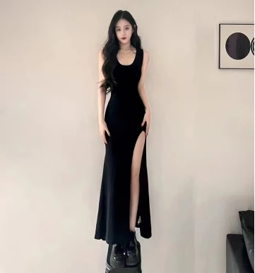 

Новое летнее черное сексуальное платье на бретелях в стиле королевы для дизайна женской одежды, облегающая длинная юбка с разрезом и обниманием бедер