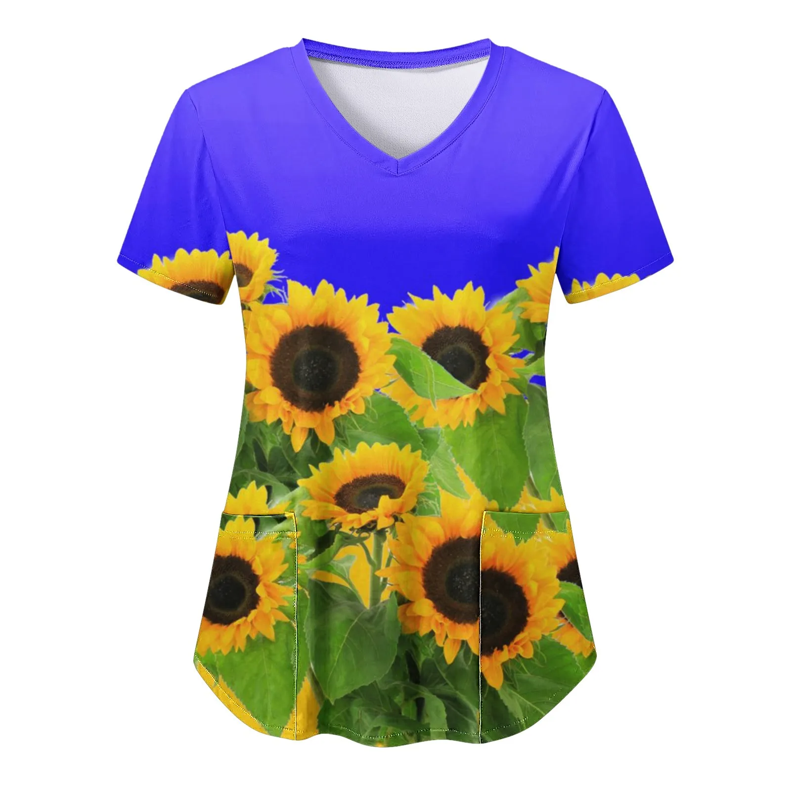 

Ladies Sunflower Printed Scrubs Tops V Neck Short Sleeve Tunic Nurse Uniform Medical Nursing Uniforms Pet Working Overalls Tee