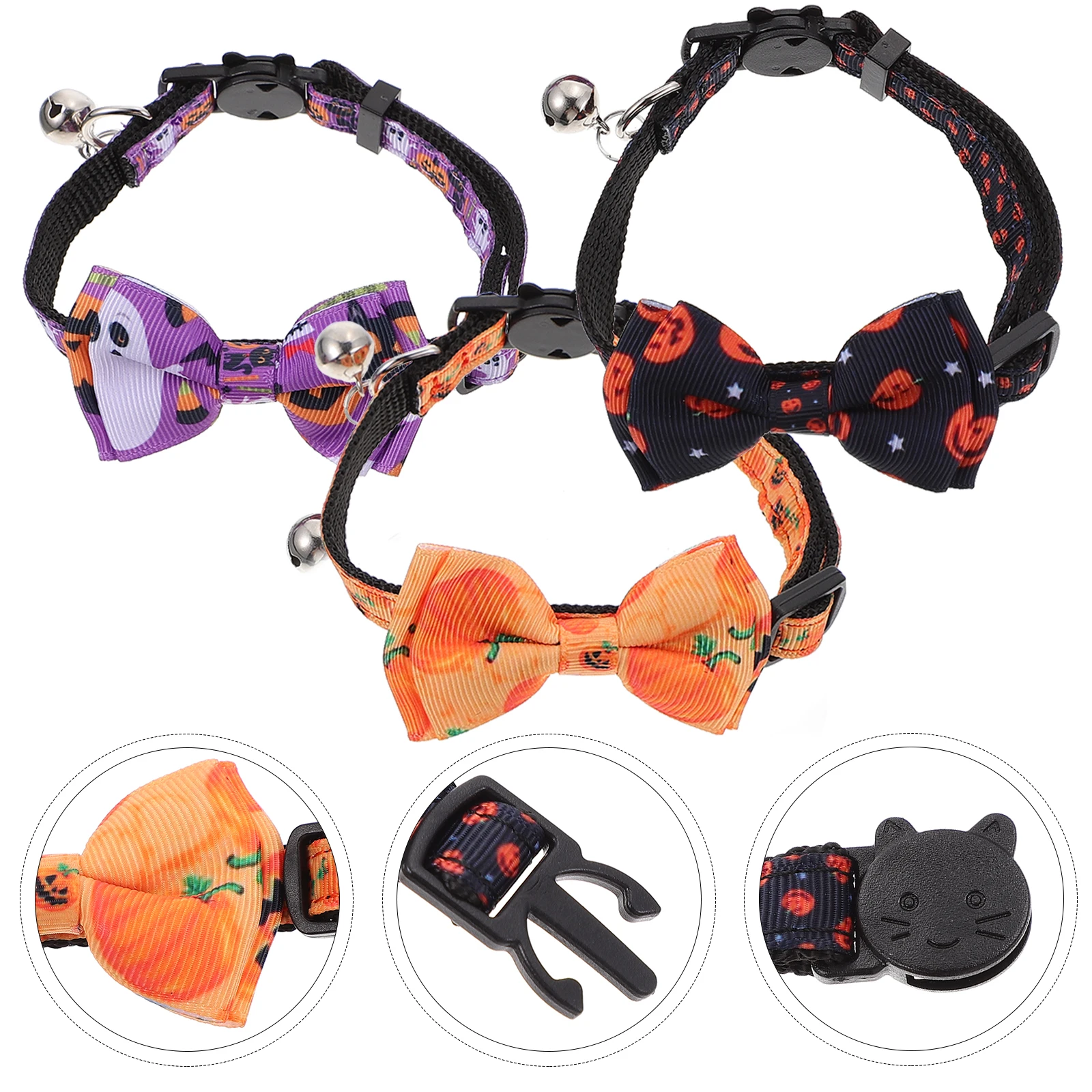 

3 Pcs Halloween Cat Collar with Bell Polyester Collars Quick Release Adjustable Neck