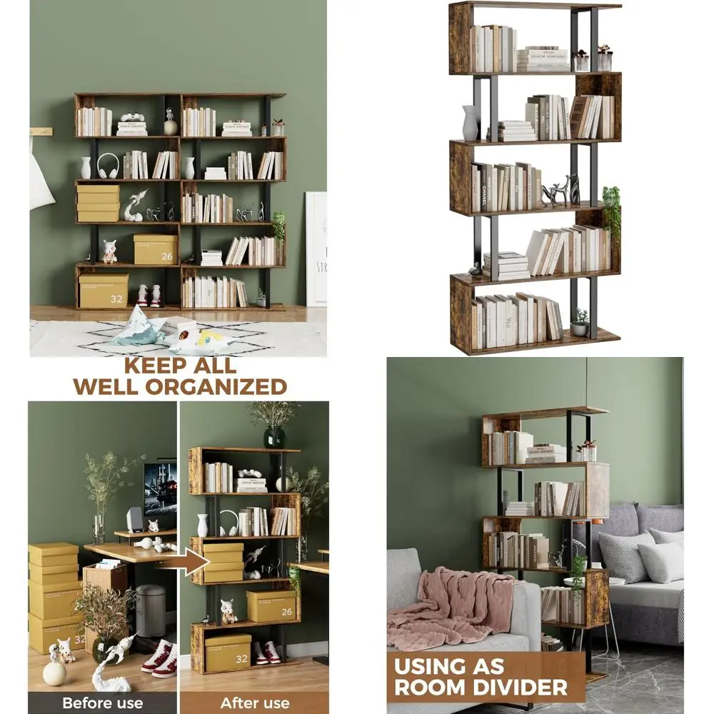 

5-Tier Geometric Wooden Bookshelf, Modern Display Storage, Rustic Brown Tall Shelves for Living Room & Bedroom