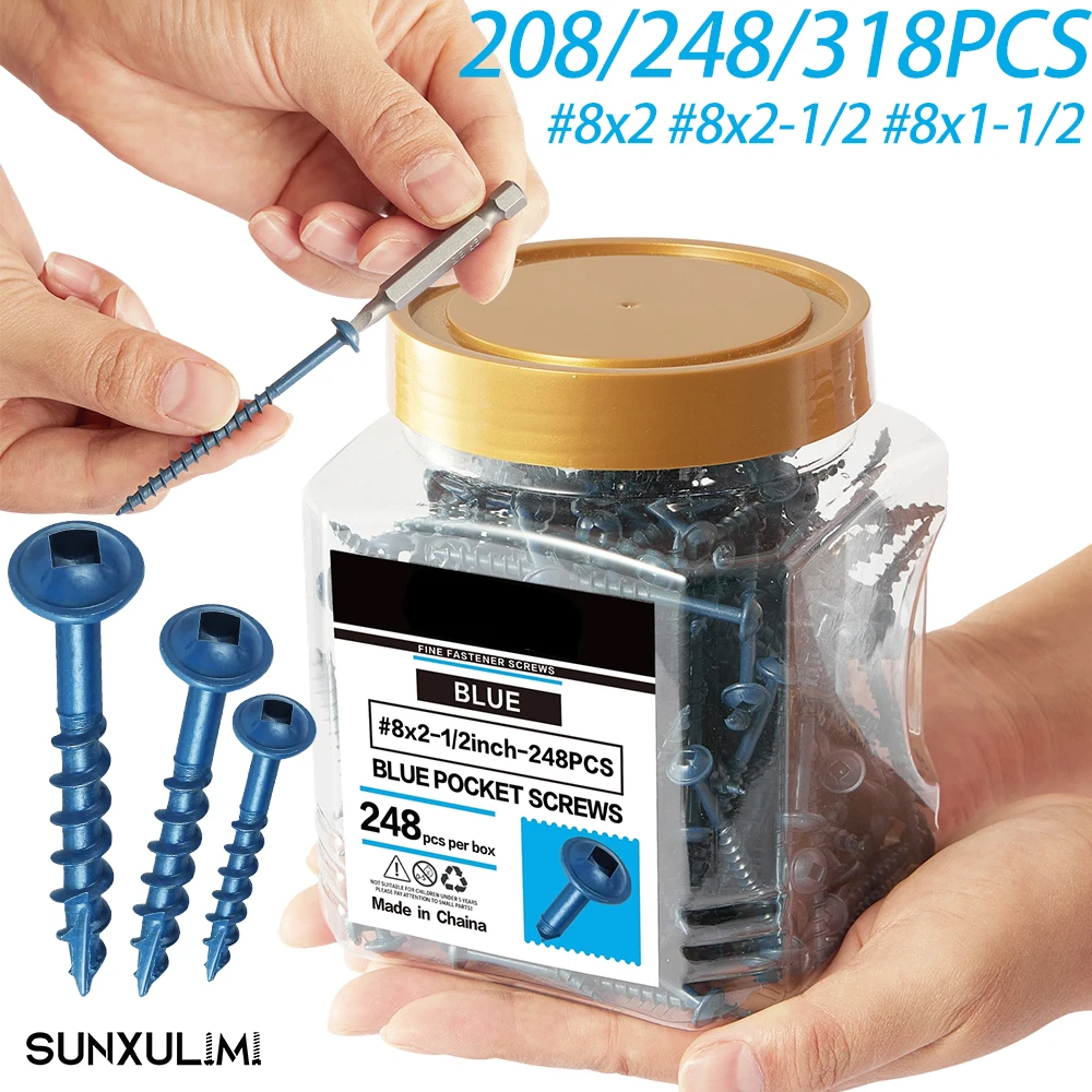 208/248/318-piece sets of pocket-head screws (#8x2, #8x2-1/2, #8x1-1/2), with a blue anti-rust coating, including a driver bit;