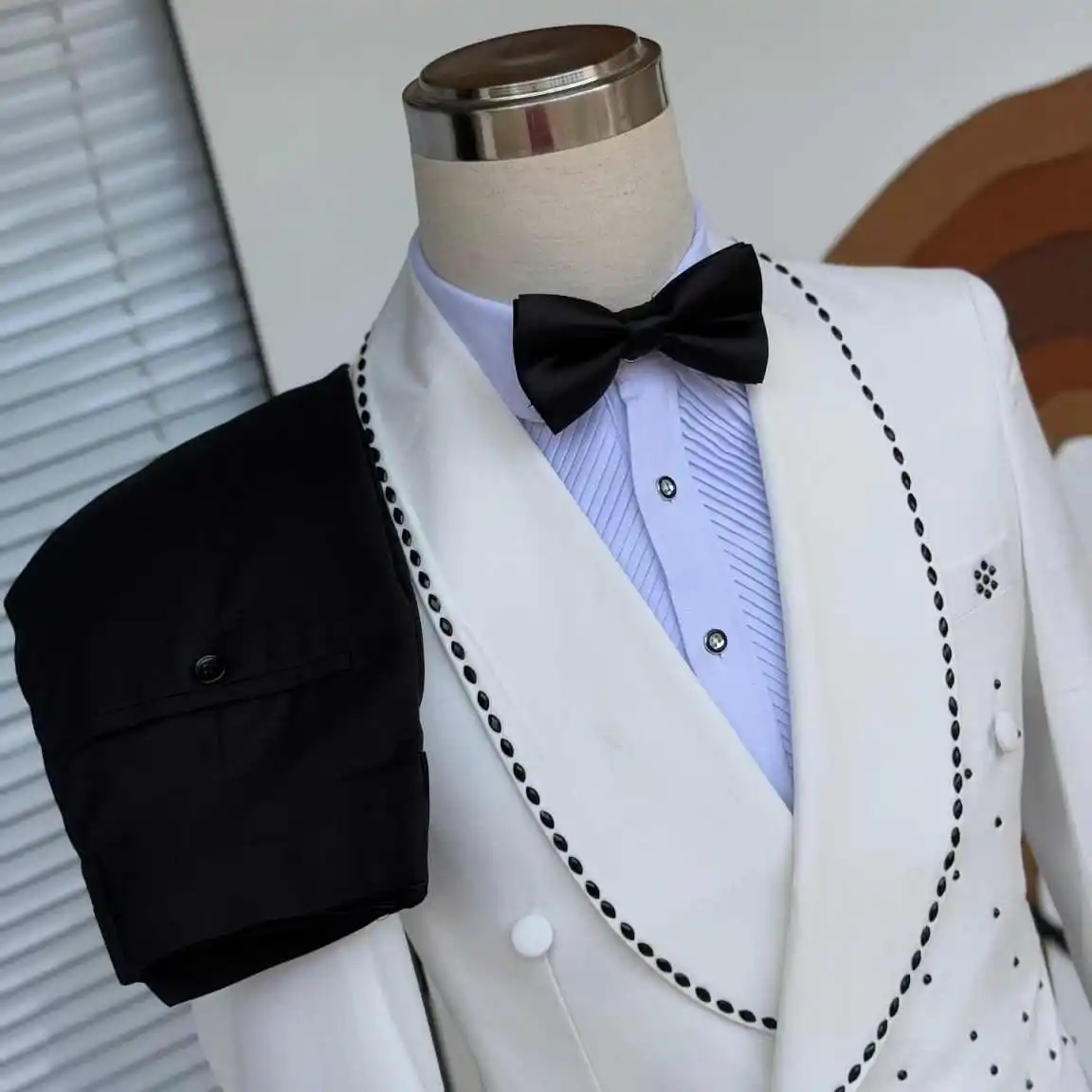 럭셔리 남성 정장 2피스 재킷 바지 더블 브레스티드 비딩 크리스탈 웨딩 턱시도 신랑 프롬 포멀 비즈니스 코트