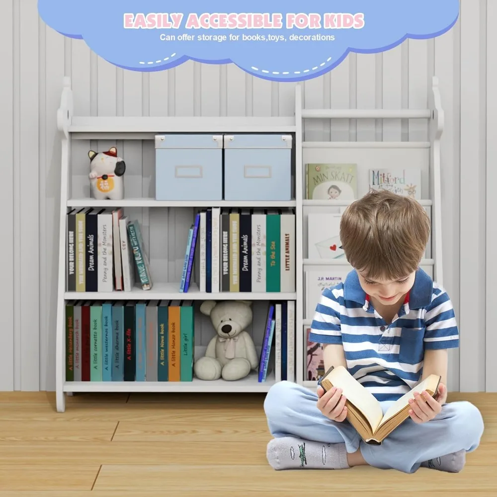 Rak buku anak 4 tingkat - penyimpanan gaya sling putih untuk buku dan mainan balita di ruang bermain
