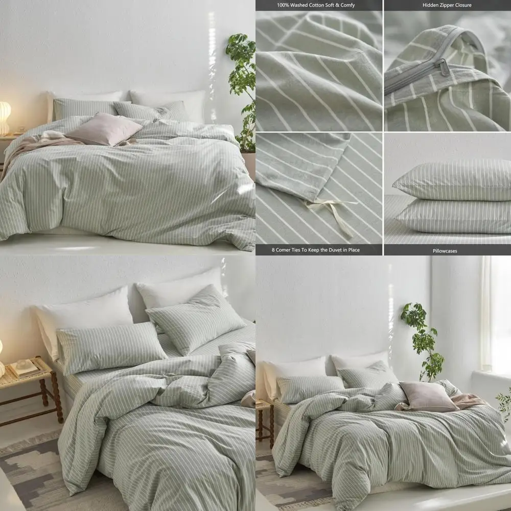 

100% Cotton Linen Textured Duvet Cover Set - Breathable, Durable, Soft & Comfy in Sage Green White Stripes