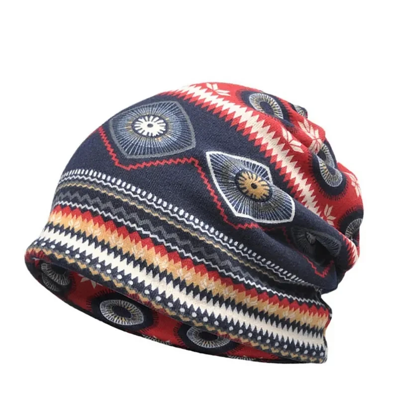 Printed Knitted Skullies Cap Retro Warm Windproof Stretchable Beanies Hat For Men Women Autumn Winter Sports Skiing Casual Hats