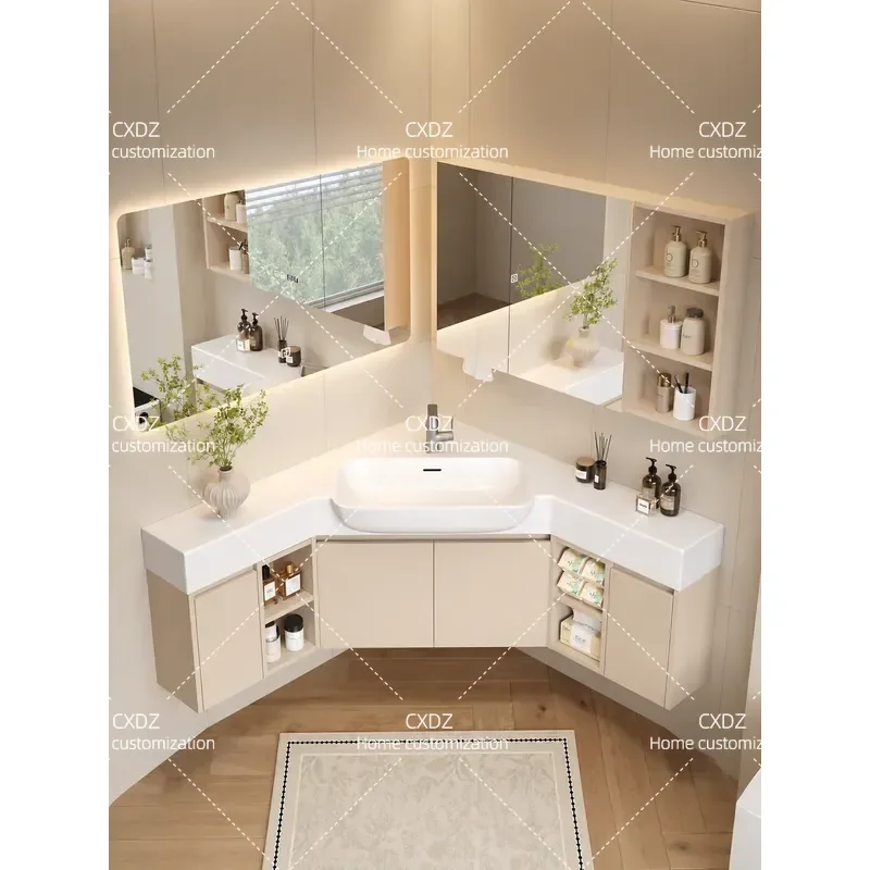 Cream Style Corner Bathroom Cabinet with Stone Integrated Basin Solid Wood Multi Layer Paint Free Wash Basin and Wash Table