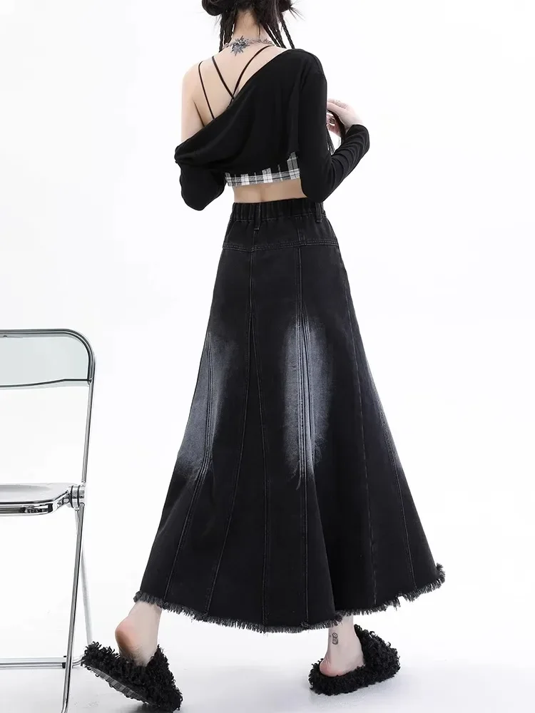 Denim Skirts Women Autumn New High Waist Slim Casual Mid-length Raw Edge Design Temperament OL Streetwear Aesthetic Prevalent