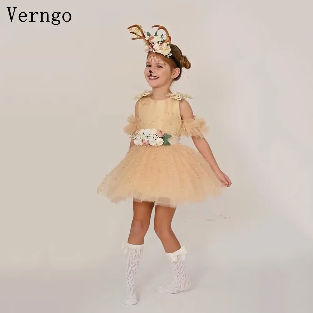 

Детское мини-платье Verngo Champagne Tulle Pearls для дня рождения, с круглым вырезом, короткими рукавами, цветочным узором, для фотосессий, на заказ