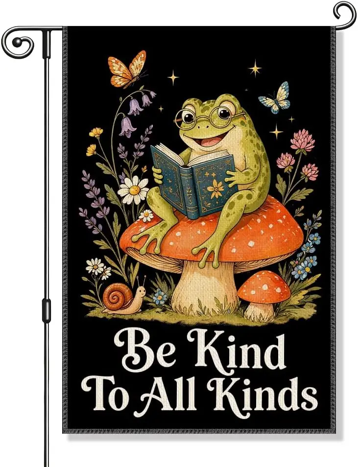 Be Kind to All Kinds Double-Sided Political Garden Flag for Outside Decor Parade Yard Sign, Cute Frog Mushroom Butterfly Soc kkz