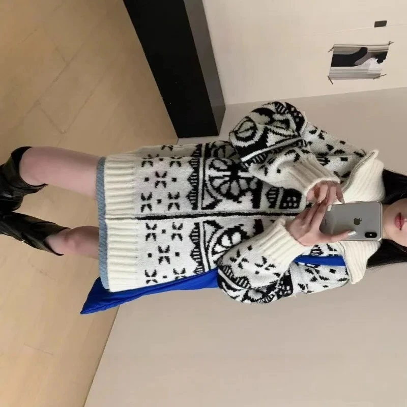 

Retro Jacquard Lapel Knitted Cardigan for Women Coat New Autumn Winter Lazy-Chic Design Loose Zipper Knit Cardigan Sweater Mujer