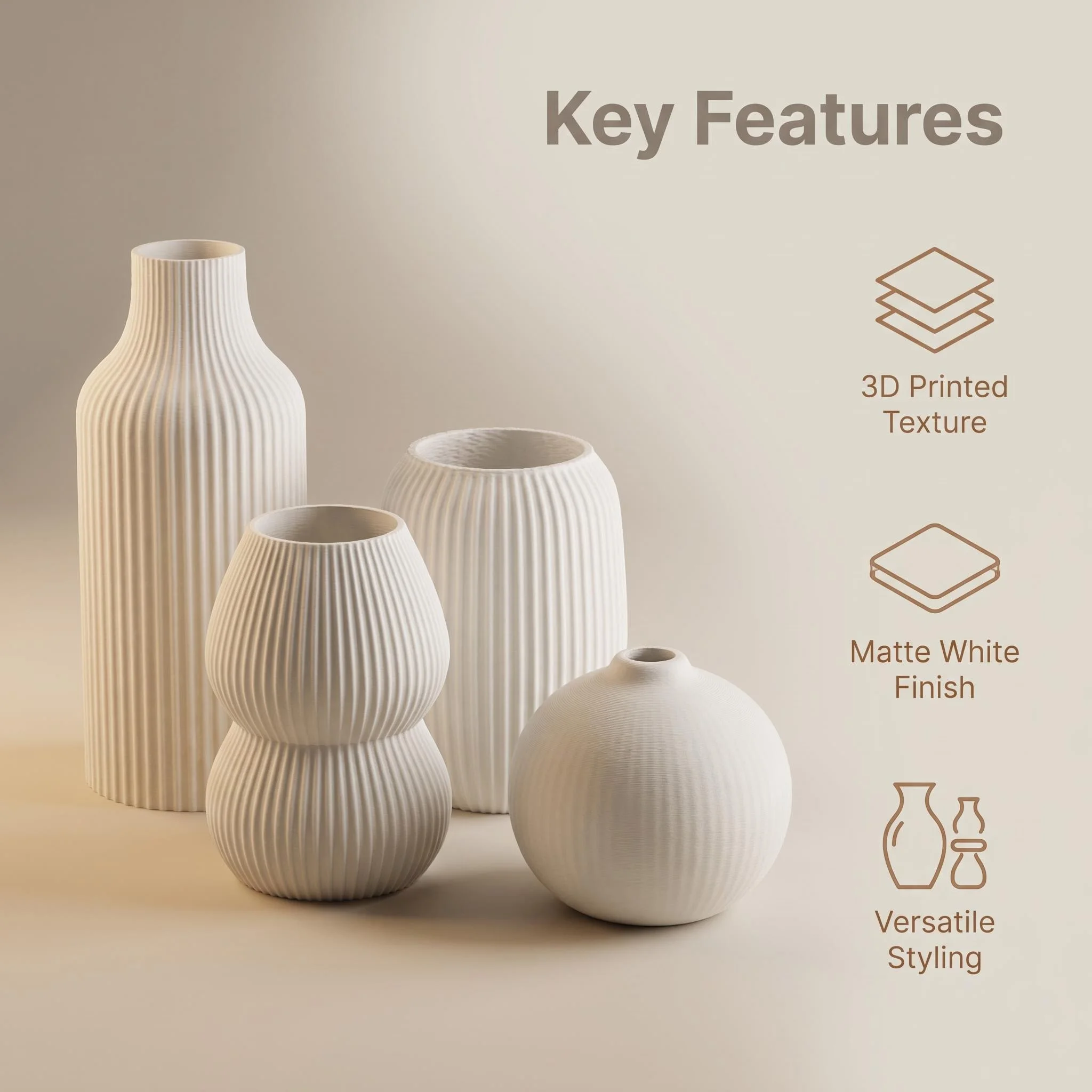 Set of 4 Matte Textured 3D Printed Vases, Striped Texture Artistic Vases for Home Decor, Pla Material Decorative Vases, Perfect