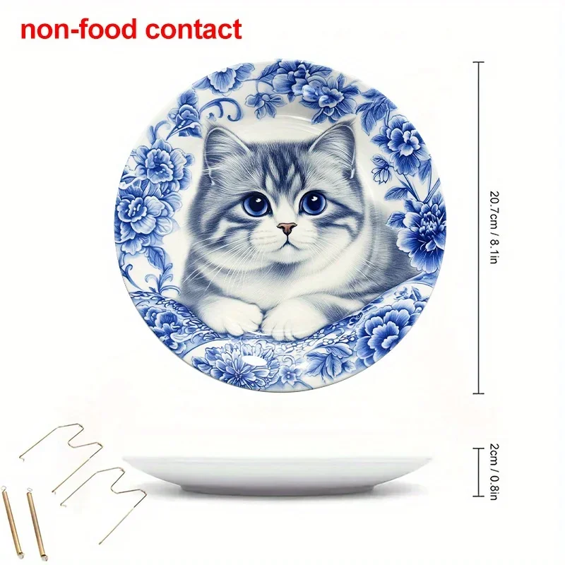 1pc Large 8-Inch Round Ceramic Wall Hanging Plaque - Vintage Blue Floral & Cute Kitten Decor, Non-Food Contact Safe - Elegant