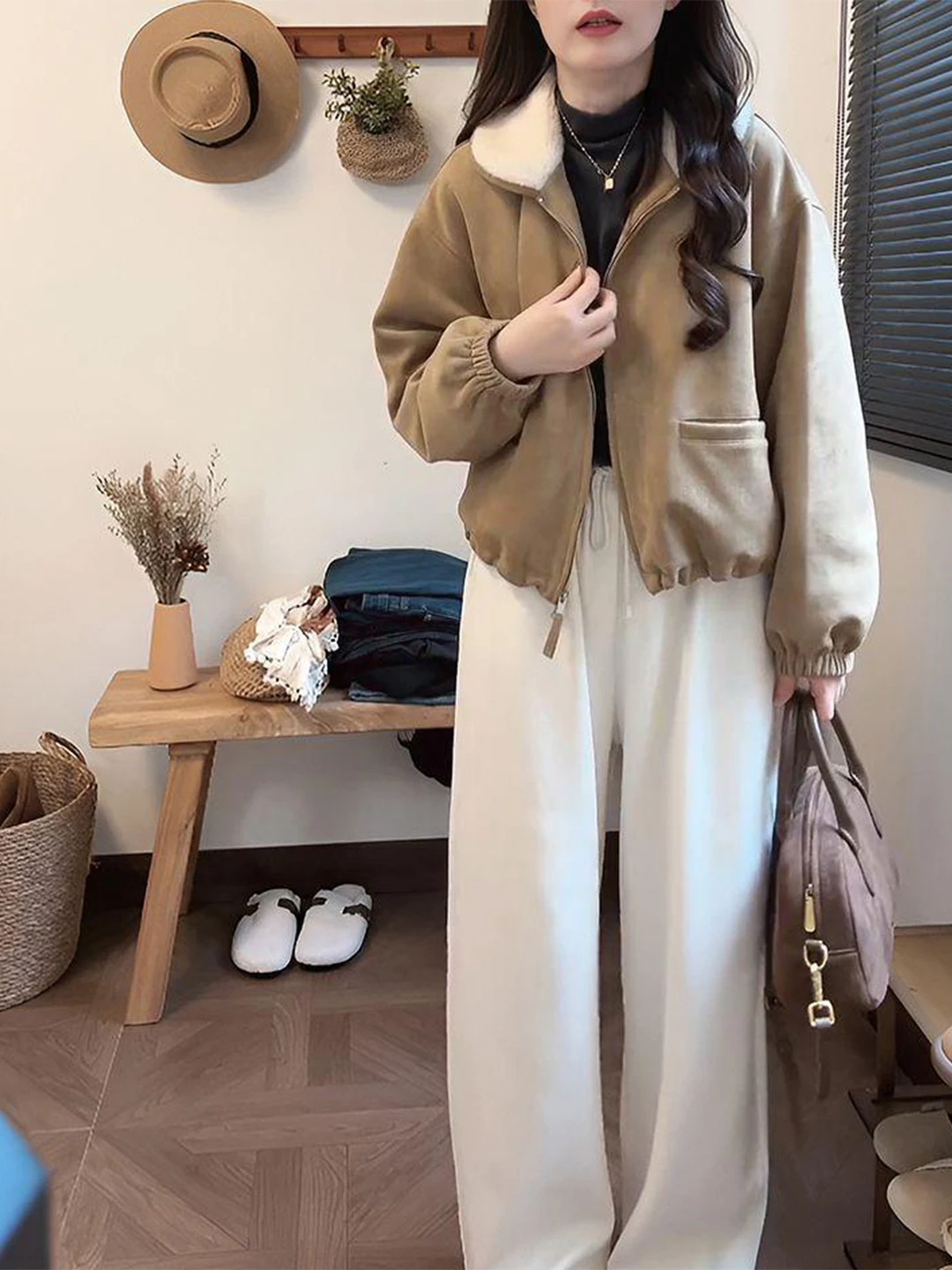 

Thiened Warm ort Zipper Jaet Women's Autumn Winter New Sle Premium Feel Plaid Fur Collar Coat Top Ladies Faion